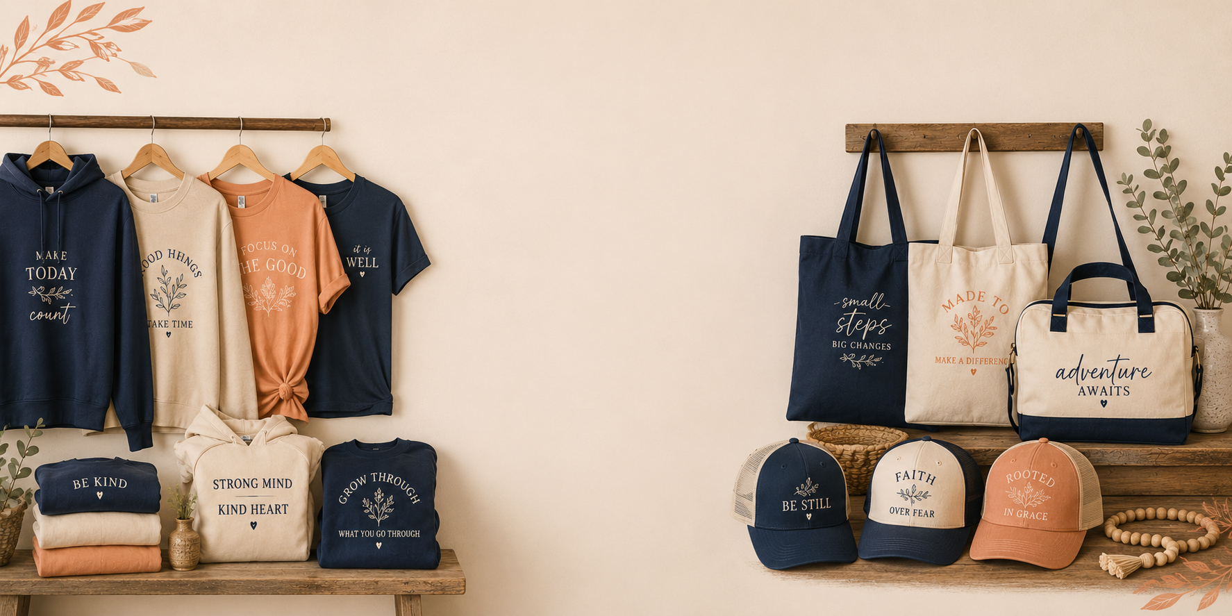 Collection of clothing and bags with printed designs on a wooden shelf against a beige wall.