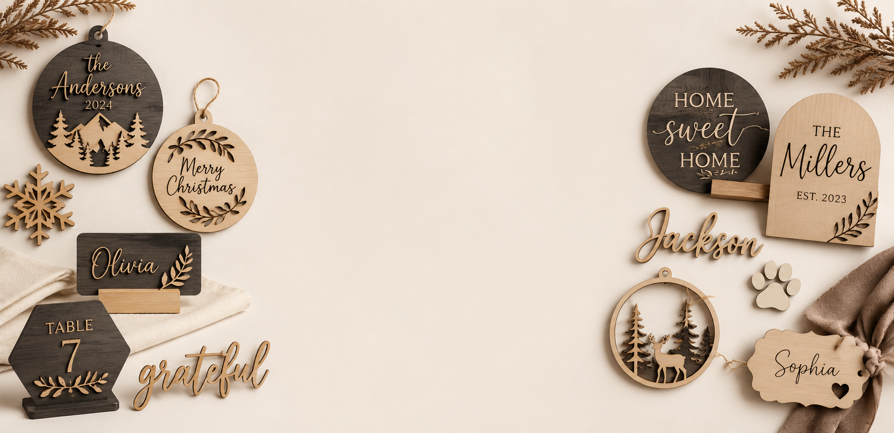 Collection of personalized wooden Christmas ornaments on a beige background