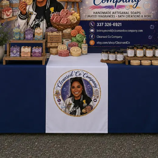 A promotional display table for Cleansed Co Company, showcasing various handmade artisan soaps, bath products, and jars, with a large printed banner of the smiling founder on the front.