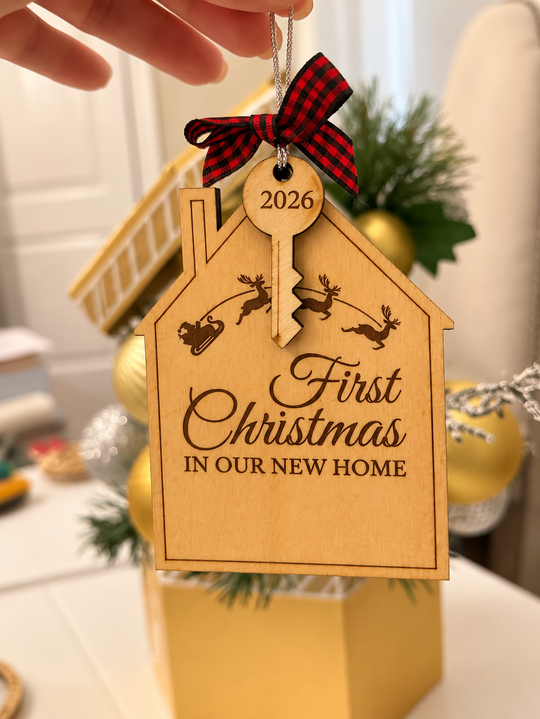 A hand holds a personalized wooden house-shaped Christmas ornament engraved with &