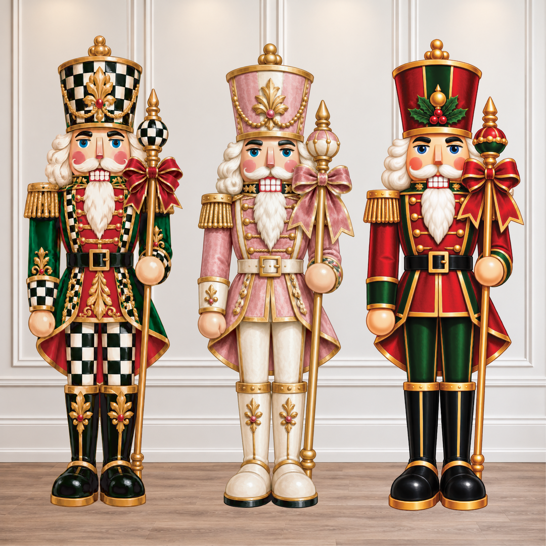 Three ornate Christmas nutcracker figurines standing side by side in front of a white paneled wall and wood floor. The left nutcracker wears green and black checkered armor with gold trim and a red bow; the center nutcracker wears pink and cream armor with gold trim and a large pink bow; the right nutcracker wears red and green armor with gold trim and a red bow with holly.