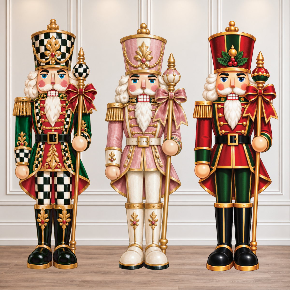 Three ornate Christmas nutcracker figurines standing side by side in front of a white paneled wall and wood floor. The left nutcracker wears green and black checkered armor with gold trim and a red bow; the center nutcracker wears pink and cream armor with gold trim and a large pink bow; the right nutcracker wears red and green armor with gold trim and a red bow with holly.