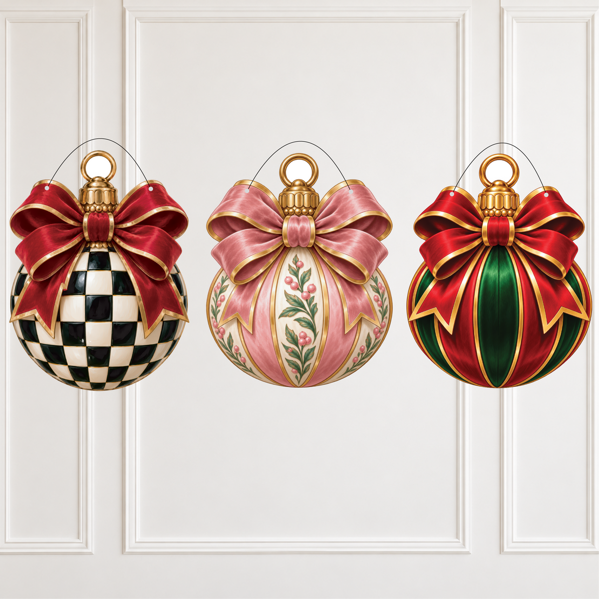 Three decorative Christmas ornaments hanging against a white paneled wall. The left ornament is round with a black-and-white checkerboard pattern and a large red bow with gold trim.