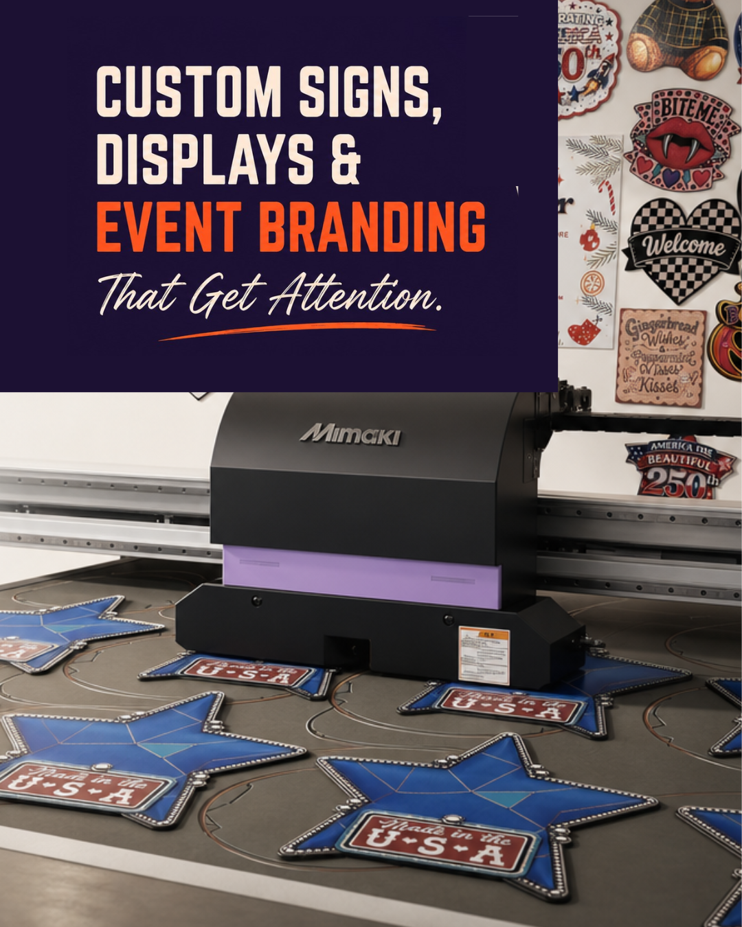 Promotional graphic for custom signs, displays, and event branding with a printer and branded materials.
