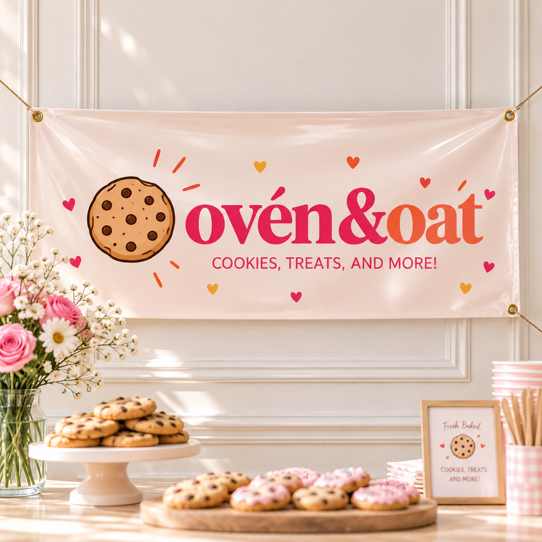 A decorative banner hanging on a wall in a bakery or event setup, with the text 'oven&oat' and 'COOKIES, TREATS, AND MORE!' alongside a cookie illustration. Cookies and pink flowers are arranged on tables below.