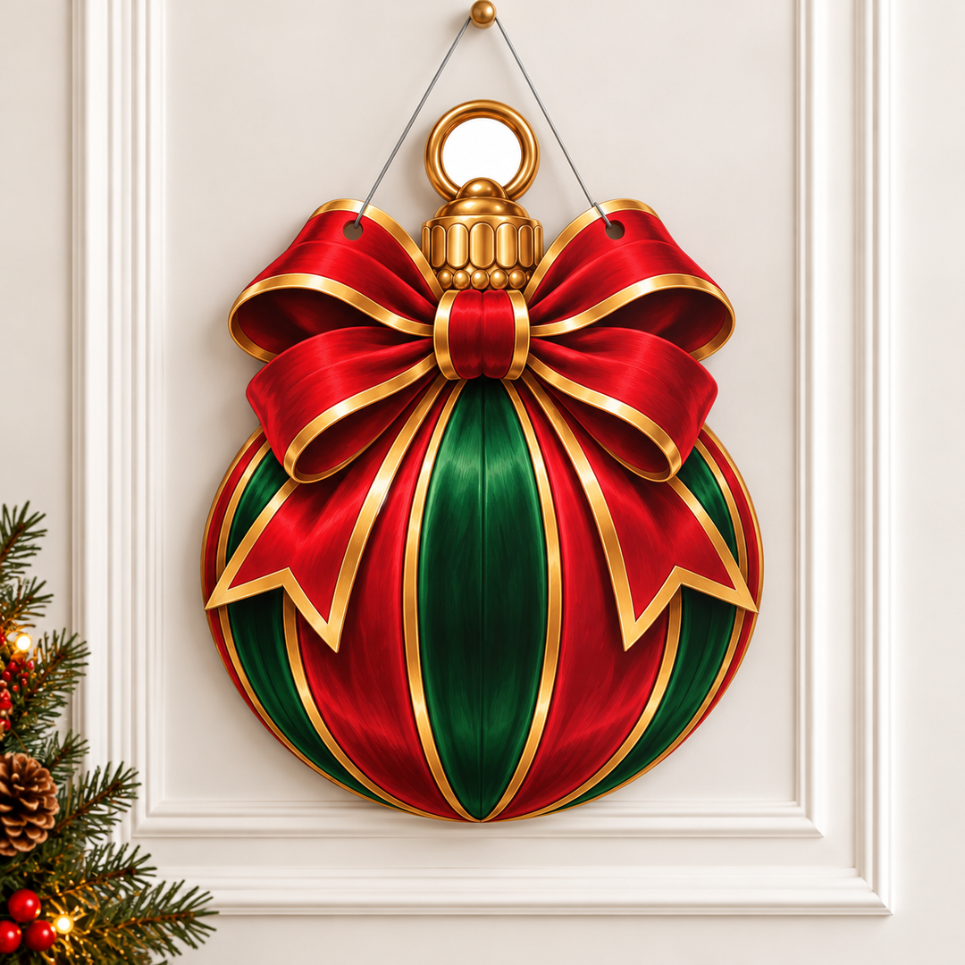 A large Christmas ornament wall hanging with a red and green striped ball shape, a large red bow with gold trim, and a gold hanging loop, shown against a white paneled wall with a small holiday branch in the lower left corner.