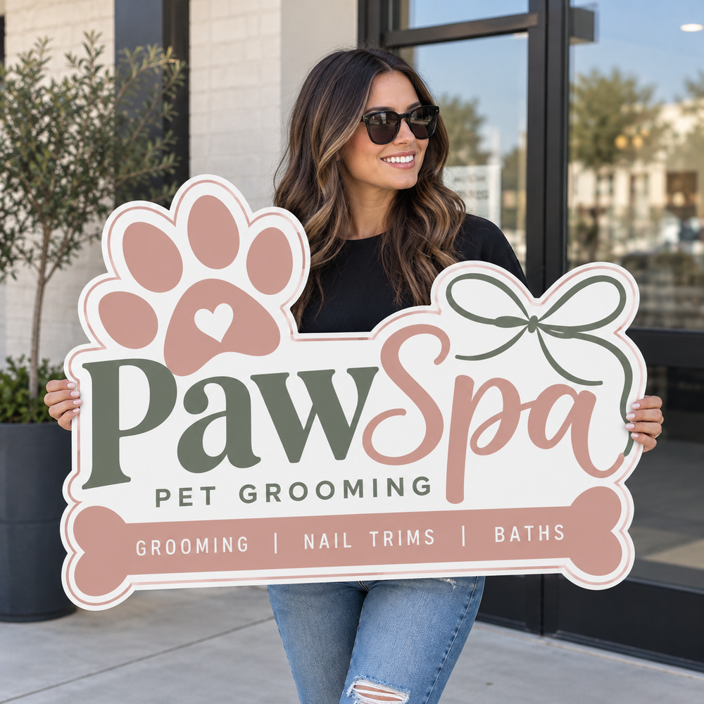 A woman wearing sunglasses and a black top stands outdoors holding a large PawSpa Pet Grooming sign. The sign features a pink paw print, green bow, and bone outline on a white background.