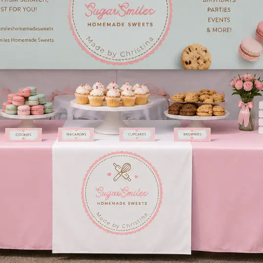 A styled dessert table with a pink and white tablecloth featuring a circular SugarSmiles Homemade Sweets logo. The table is decorated with cupcakes, macarons, cookies, and a pink floral arrangement, with matching branded signs on the wall behind.