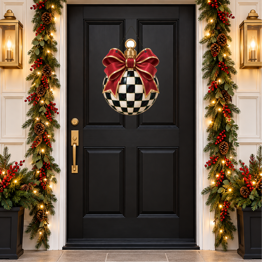 A black front door decorated with a large checkered Christmas ornament featuring a red bow, flanked by festive garlands with lights, pinecones, and red berries.