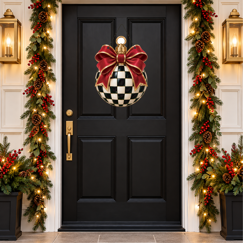a checkered red acrylic christmas ornament door hanger