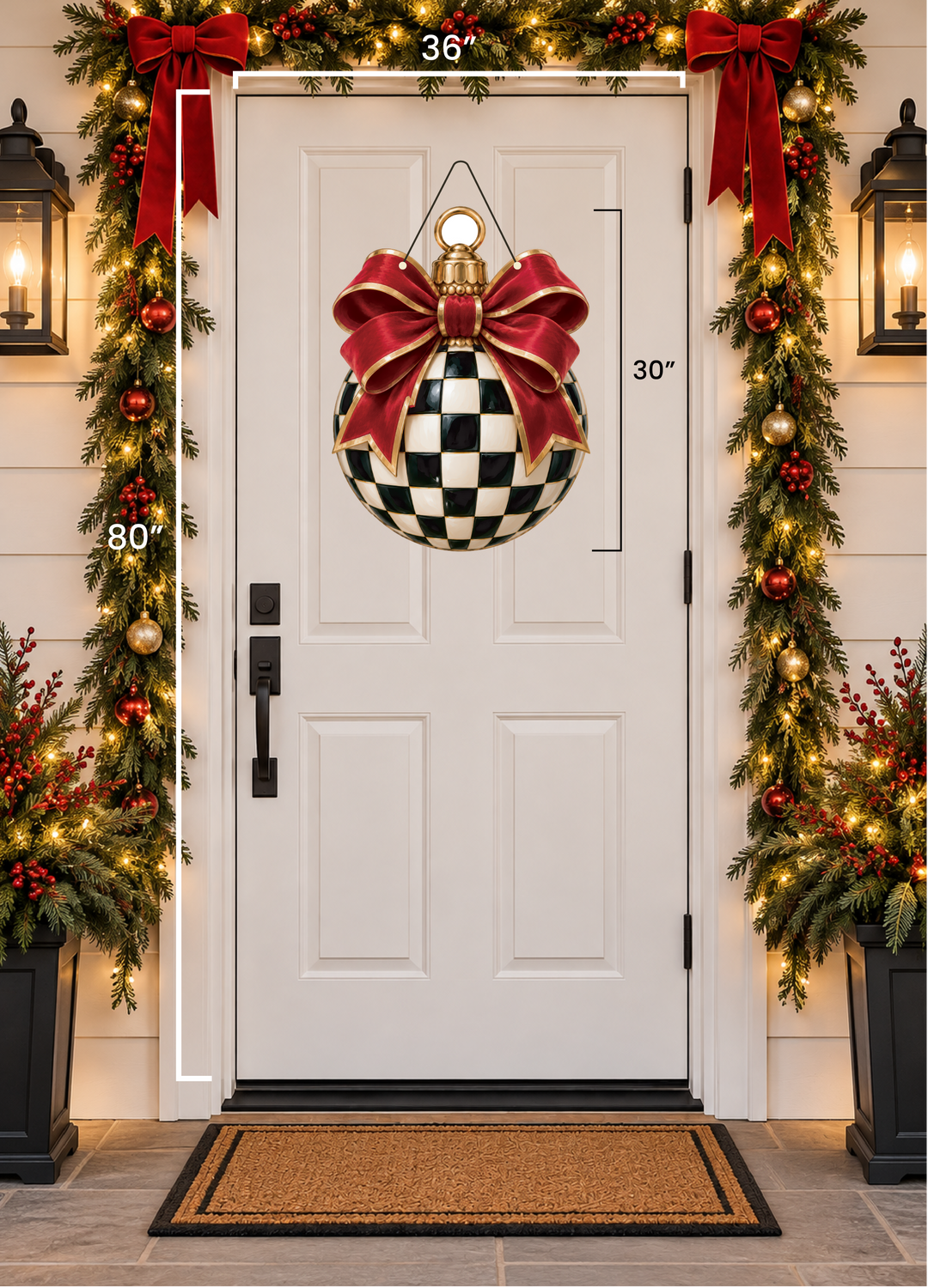 A large holiday front door ornament with a black-and-white checkerboard pattern and a red bow, shown hanging on a white front door. White measurement lines and labels indicate dimensions: 36 inches wide at the top, 30 inches tall on the right, and 80 inches tall on the left.