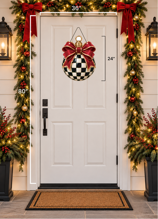 A white front door shown with holiday garland, red bows, lights, and a hanging ornament, with overlaid dimension labels indicating 36 inches width at the top, 24 inches height on the right, 80 inches height on the left, and a door width of 60 inches.