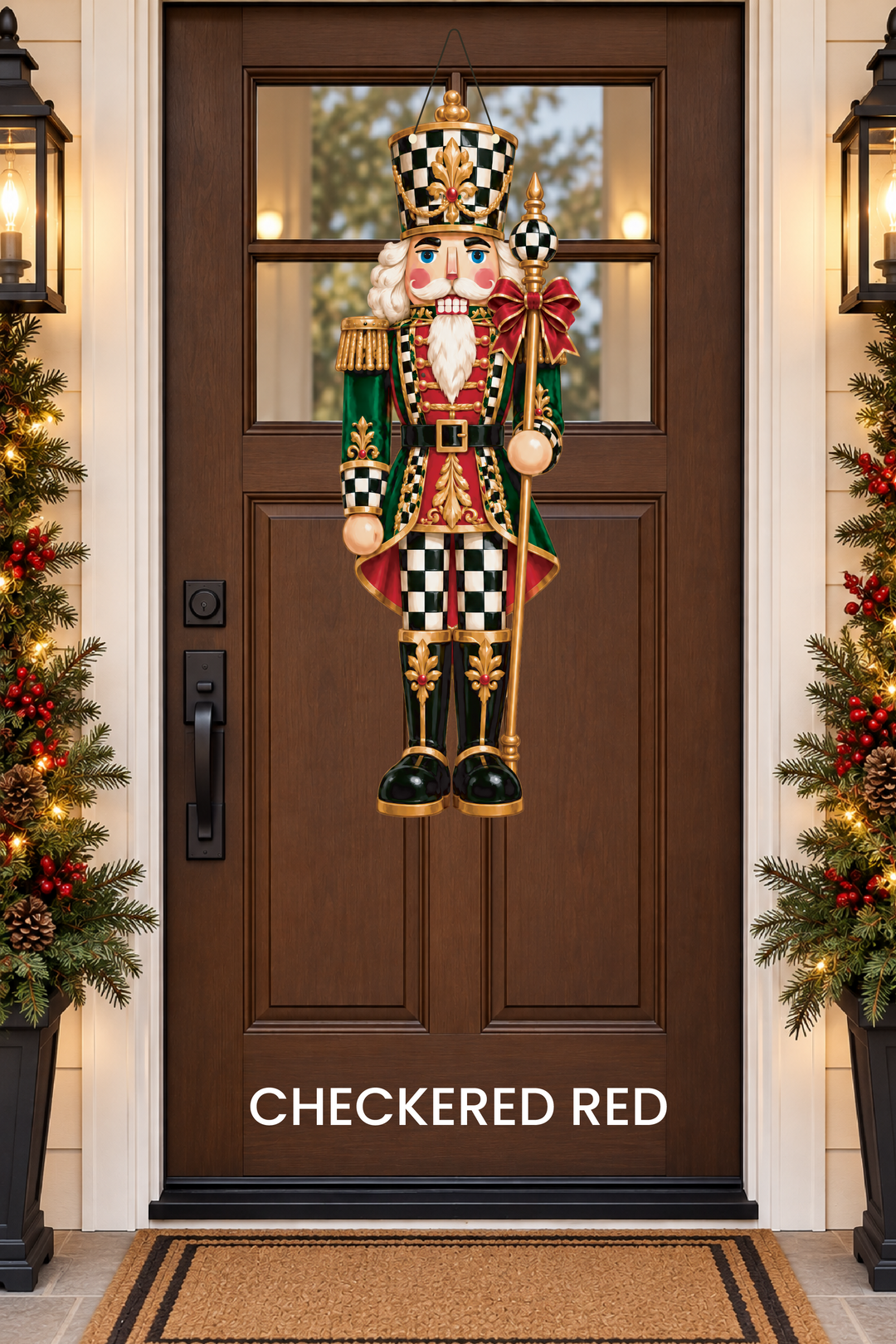 A checkered red nutcracker door hanger on a door
