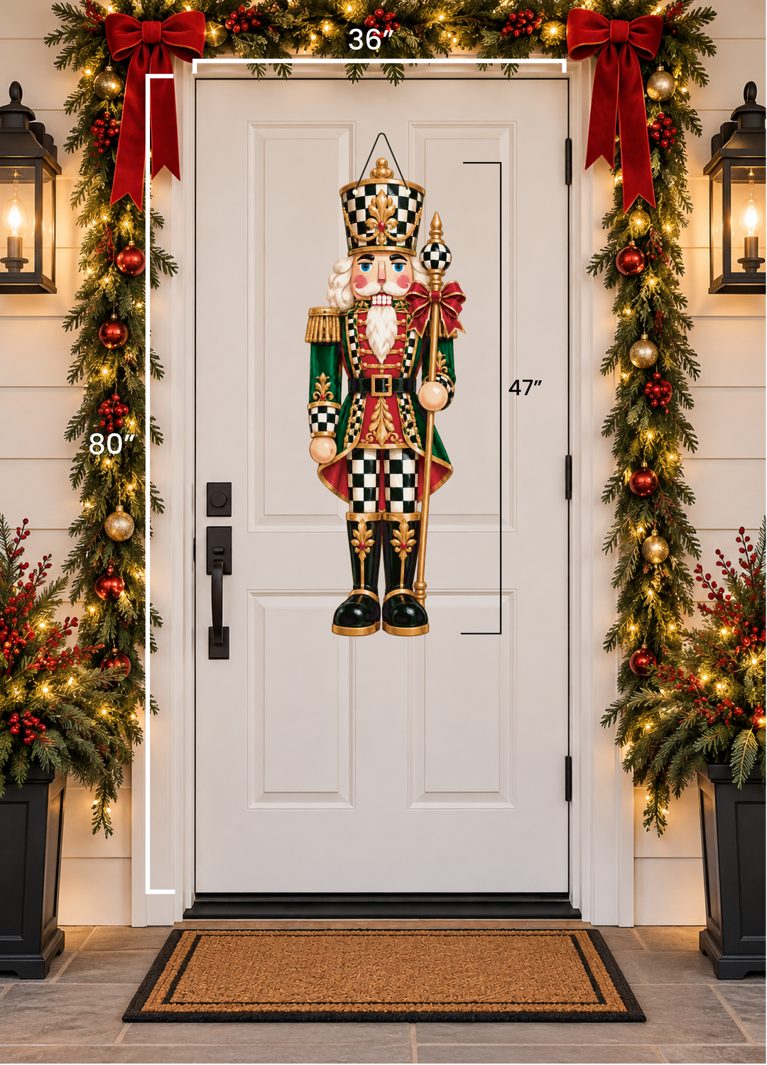 a checkered red nutcracker door hanger hanging on a door