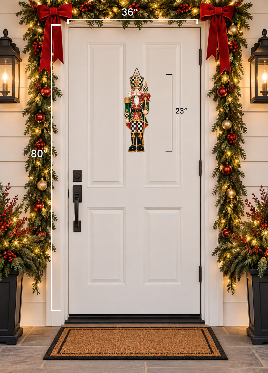 a checkered red nutcracker door hanger hanging on a door