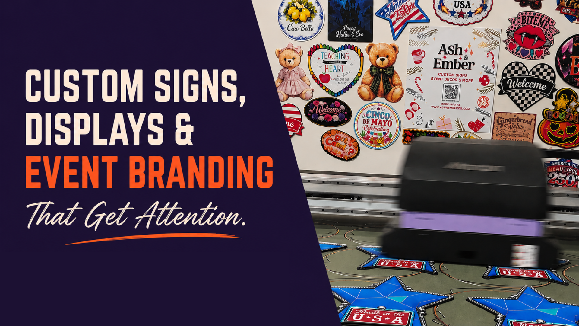 Promotional graphic for custom signs, displays, and event branding with a printer and branded materials.