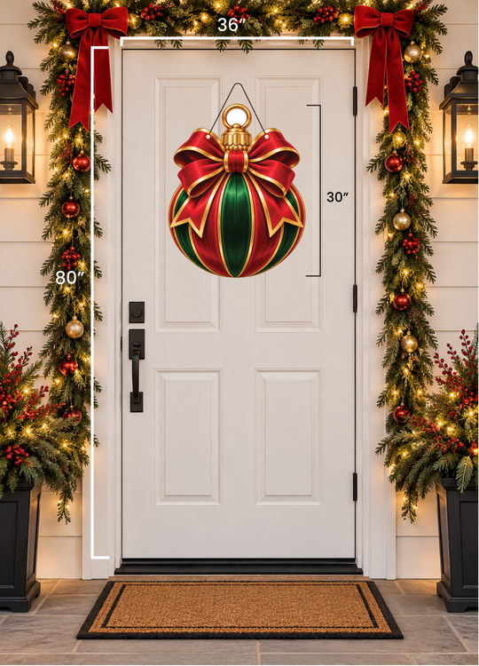 A white front door decorated with a large red and green Christmas ornament hanging in the center, surrounded by garlands, red bows, lanterns, and holiday lights. White measurement lines and text indicate dimensions: 36 inches across the top, 30 inches tall on the right, and 80 inches tall on the left.