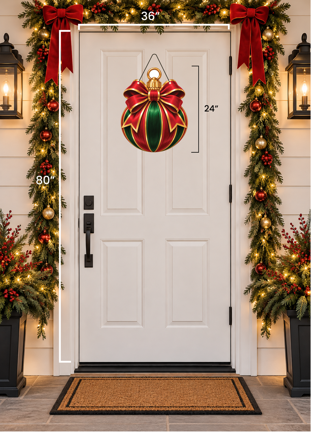 A white front door shown with holiday garland, red bows, lights, and a hanging ornament decoration. White measurement lines and text indicate dimensions: 36 inches wide at the top, 24 inches tall for the ornament, and 80 inches tall on the left side of the door.