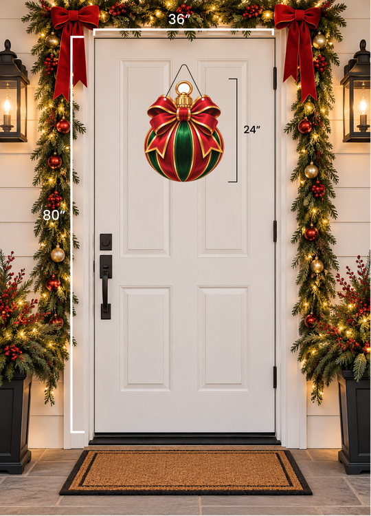 A white front door shown with holiday garland, red bows, lights, and a hanging ornament decoration. White measurement lines and text indicate dimensions: 36 inches wide at the top, 24 inches tall for the ornament, and 80 inches tall on the left side of the door.