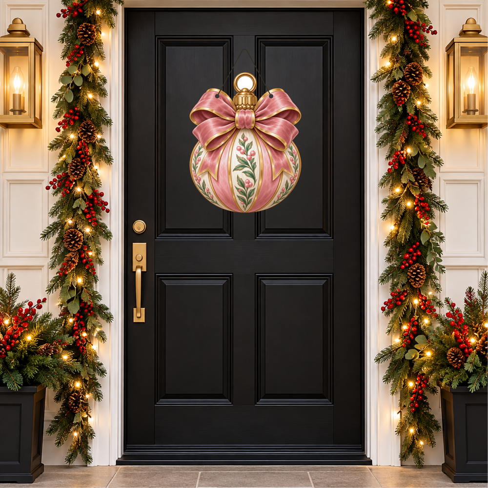 a pink christmas ornament door hanger