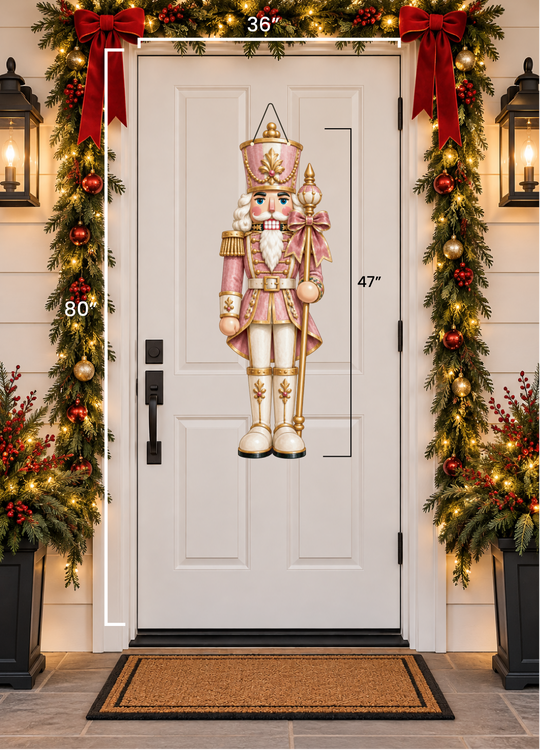 a pink nutcracker door hanger hanging on a door