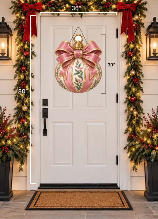 A large pink and gold Christmas nutcracker decoration displayed on a white front door, with holiday garlands, red bows, lights, and a doormat around it. A vertical measurement marker reads 30 inches.
