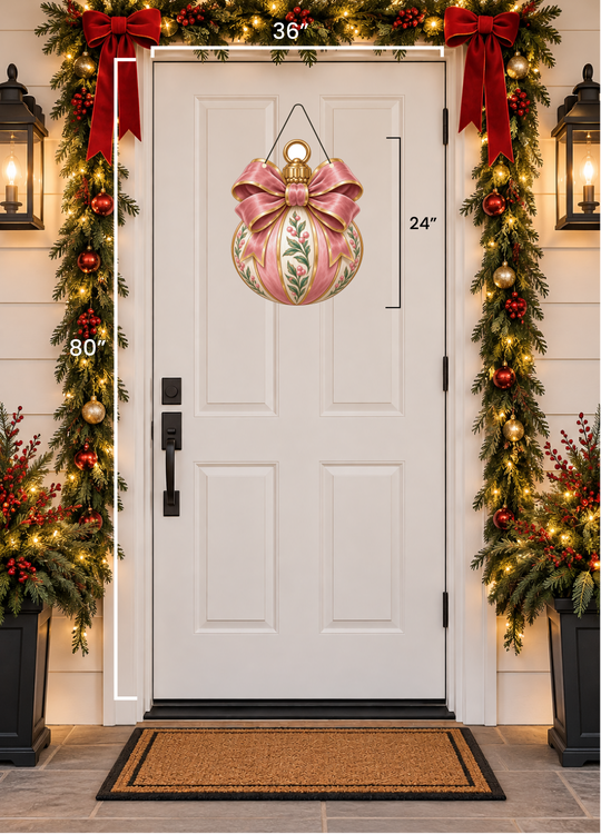 A white front door with a hanging nutcracker decoration in the center, shown in a decorated entryway with garlands, red bows, lanterns, and a doormat. A vertical measurement bracket labeled 23" appears beside the nutcracker.