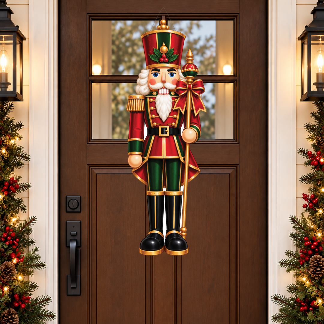 red and green nutcracker door hanger