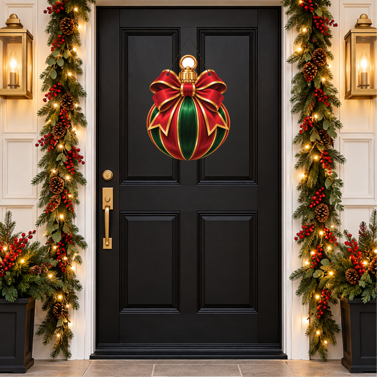 A large decorative Christmas ornament with a red and green striped pattern and a red bow hangs on a black front door, flanked by holiday garlands with lights, pinecones, and red berries.