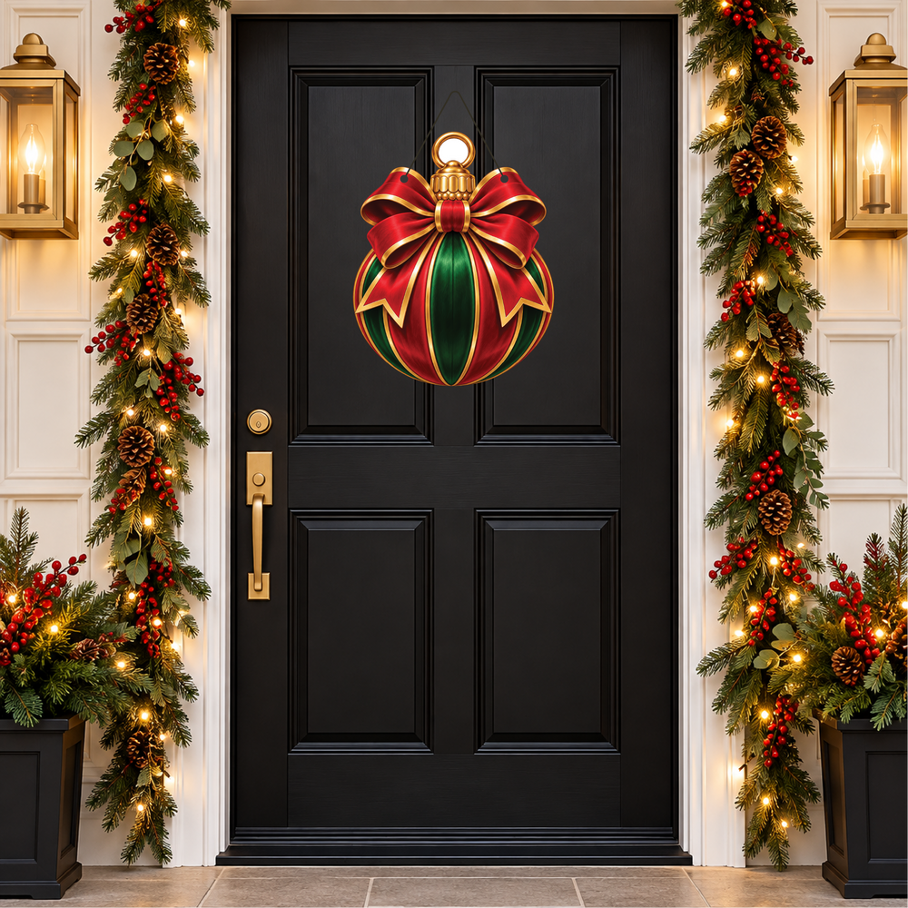A large decorative Christmas ornament with a red and green striped pattern and a red bow hangs on a black front door, flanked by holiday garlands with lights, pinecones, and red berries.