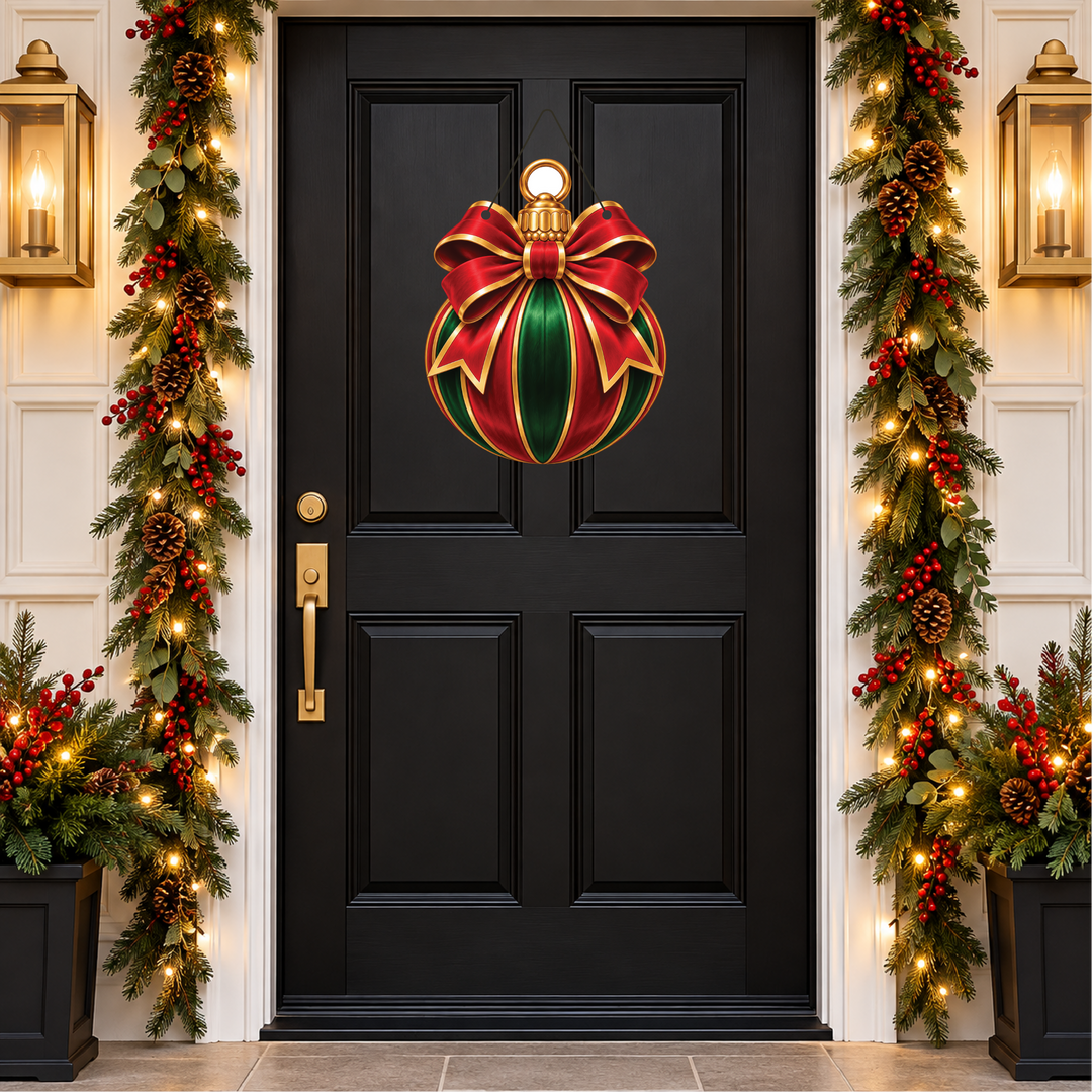 A large decorative Christmas ornament with a red and green striped pattern and a red bow hangs on a black front door, flanked by holiday garlands with lights, pinecones, and red berries.