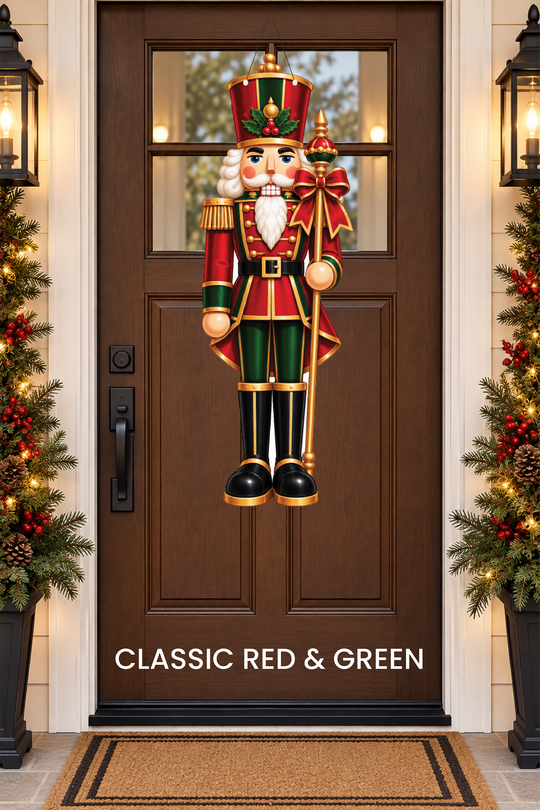 A classic red and green nutcracker door hanger on a door