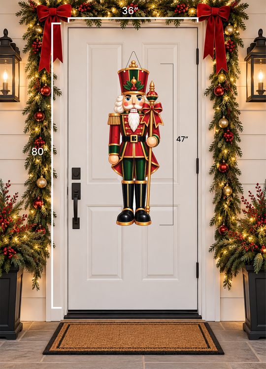 a red and green nutcracker christmas door hanger hanging on a door