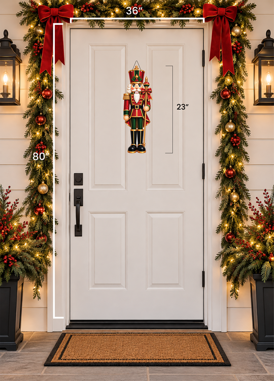 a red and green nutcracker christmas door hanger hanging on a door